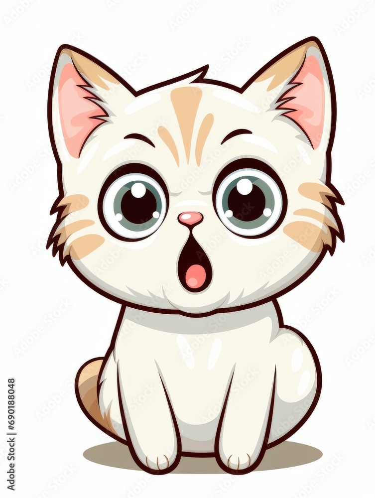 Cartoon sticker surprised kitten on white background isolated, AI
