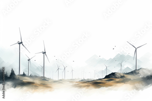 wind turbines farm watercolor painting illustration