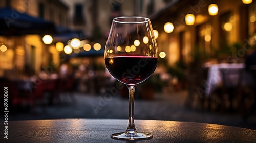 Generative AI, glass of red wine on wooden table with blur background with lights of street bar, cafe or restaurant