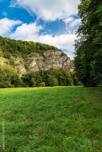 Meadow with partly rocky hill covered by deciduous forest in Thayatal Nnational park on austrian - czech borders photo