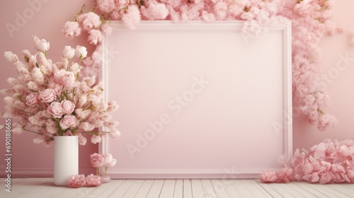 Transport to a luxurious haven at home, a soft blush wall creating a serene ambiance for an empty white photo frame, ready for your personalization. © Toqeer
