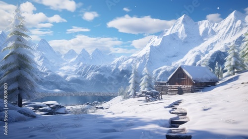 Winter Wonderland Scenes: Realistic Snowfall Backdrop for Festive Desktop Wallpaper © ic36006