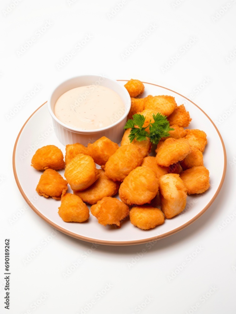 Plate of chicken nuggets with sauce on white background. Plate of chicken nuggets with sauce on white background.