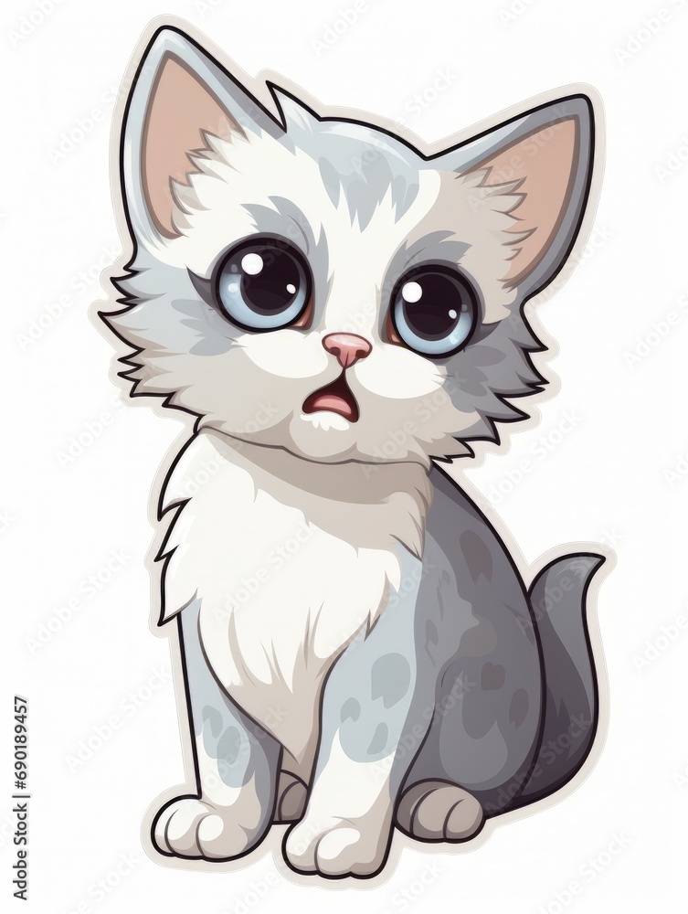 Cartoon sticker surprised kitten on white background isolated, AI Cartoon sticker surprised kitten on white background isolated, AI