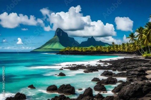**landscape with le mome beach and mountain at mauritius island, Africa