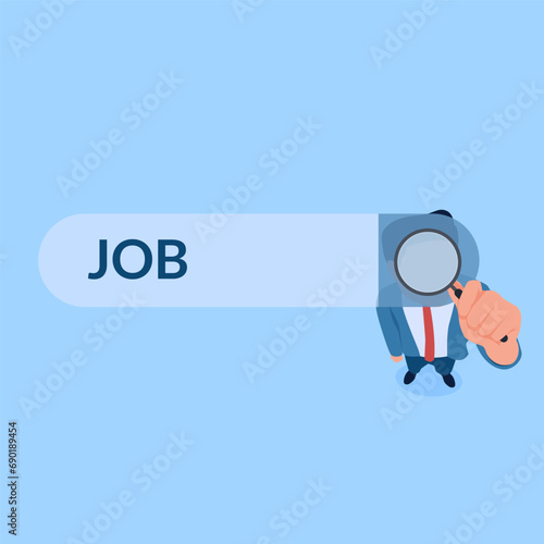 person looking from magnifying glass next to search box, metaphor of job search. Simple flat conceptual illustration.