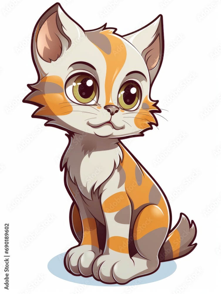 Cartoon sticker kitten looks to the side expectantly on white background isolated, AI