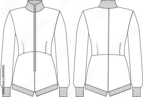 long sleeve zippered ribbed short jumpsuit template technical drawing flat sketch cad mockup fashion woman