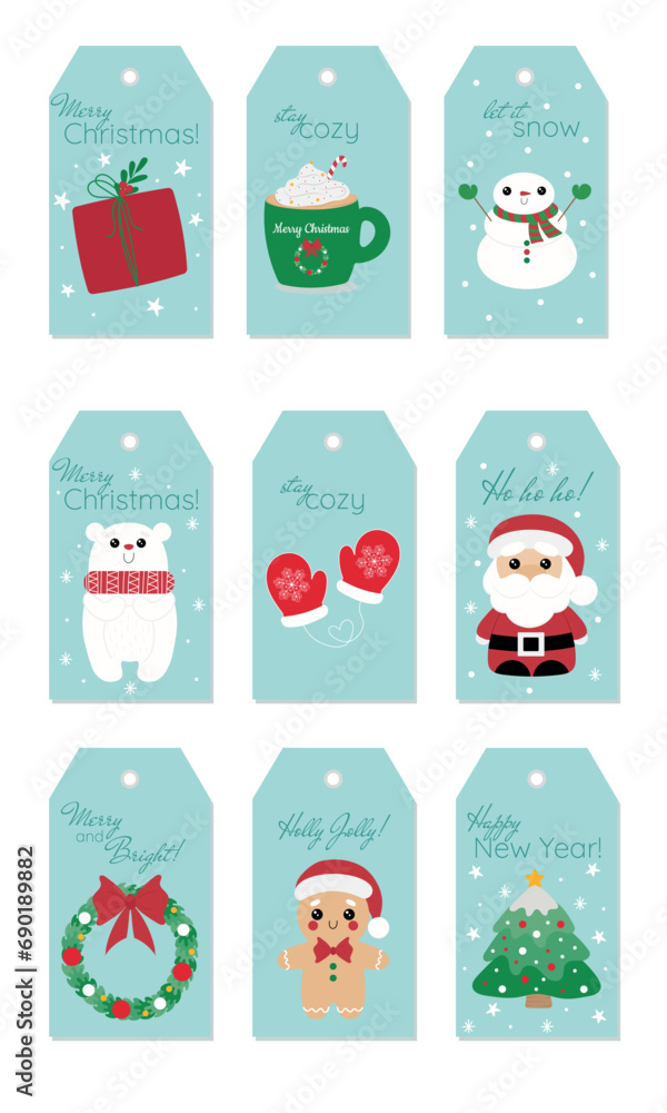 Set Of 9 cute printable Christmas gift tags for gift boxes with cute characters. Snowman, present, bear, gingerbread man, Santa Claus, Christmas tree, wreath, mittens. Colorful Christmas gift tags