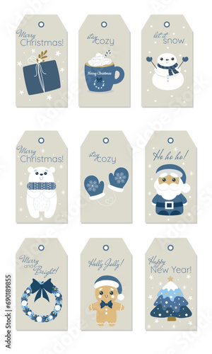 Set Of 9 printable Christmas gift tags for gift boxes with cute characters. Snowman, present, bear, gingerbread man, Santa Claus, Christmas tree, wreath, mittens. Set of blue and white  gift tags