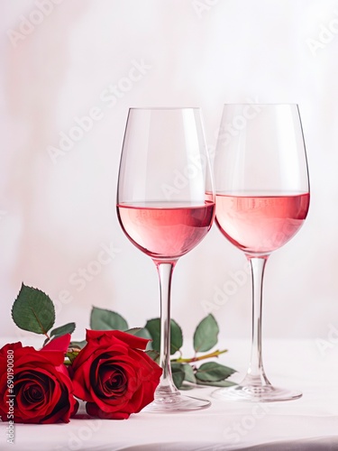 Two glasses of rose wine and bouquet of red roses on white background.
