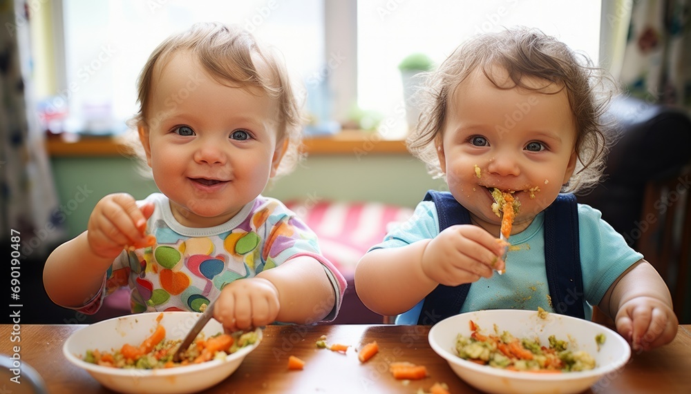 Two happy infants tasting vegetables with a smile Two happy infants tasting vegetables with a smile
