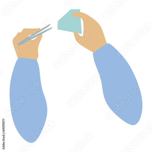 Flat jeweler hands Holding Tweezers and Big Brilliant gemstone. Cartoon Brilliant icon. Jeweler profession. Jeweler day card. Vector illustration isolated on white. Jewelry making concept.