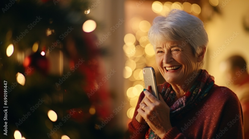 An older woman smiles while looking at her cell phone An older woman smiles while looking at her cell phone
