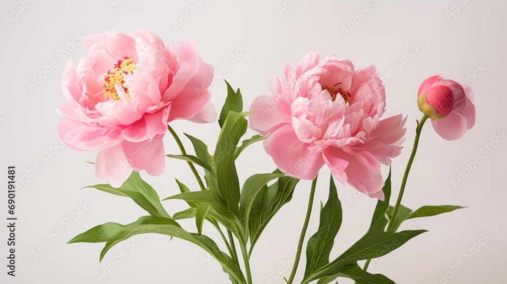 Three pink peonies in a vase on a table Three pink peonies in a vase on a table