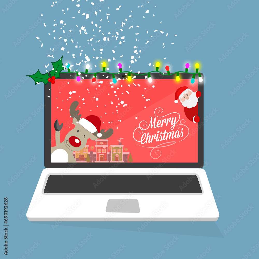 Fototapeta premium Laptop Babbo Natale fa un regalo sul portatile. Illustrazione - illustrazioni