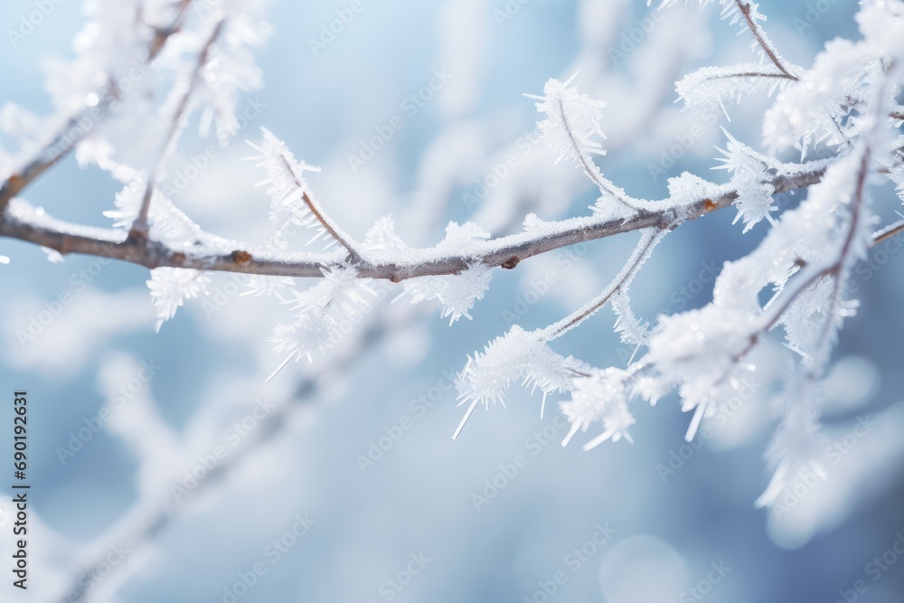 A winter scene comes alive with the presence of substantial icy snow crystals on a tree branch