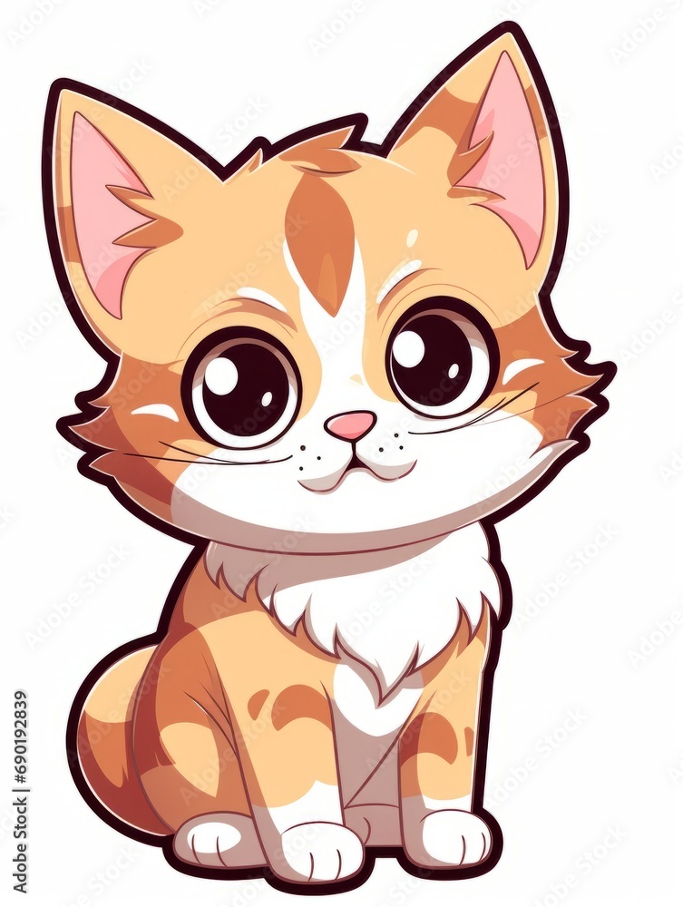 Cartoon sticker kitten looks to the side expectantly on white background isolated, AI