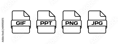 File icons. Outline, GIF, PPT, PNG, JPG documents files icons set. Vector icons