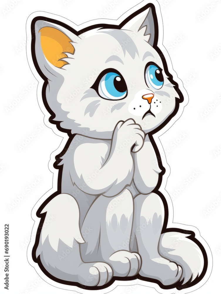 Cartoon sticker kitten looks to the side expectantly on white background isolated, AI