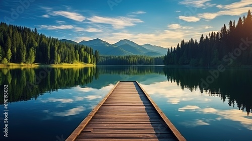 Very long Lake pier at evening with mountains on background. Reflection of the forest in the green water with blue cloudy sky. panoramic landscape.  © Boraryn