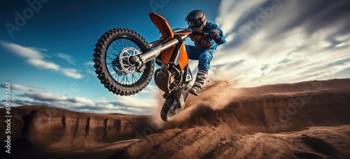 motorcycle stunt or car jump. A off road moto cross type motor bike, in mid air during a jump with a dirt trail. cnayon with blue sky. Wide format. hand edited generative AI.
 photo