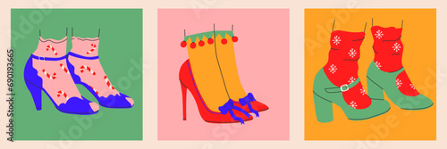 Collection of womens Christmas and New Year costume shoes icons in a trendy style.isolated.Vector