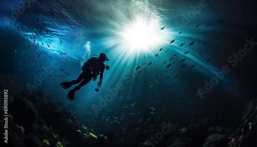person scuba diver swimming underwater, man diving in deep blue sea or ocean © goami