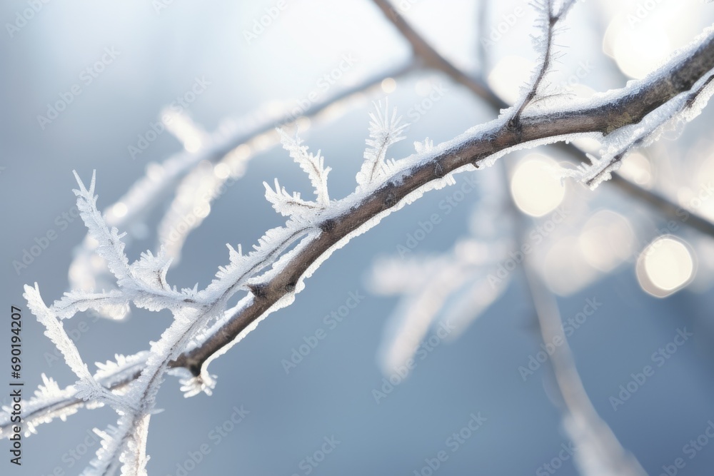 Large icy snow crystals adorning a tree branch in winter