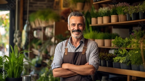 florist standing in his store with green plants in background. 