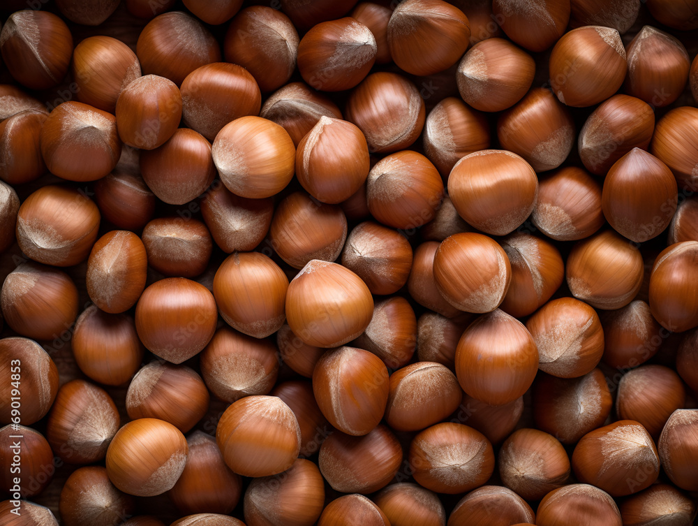Hazelnuts close-up background, view from above Hazelnuts close-up background, view from above