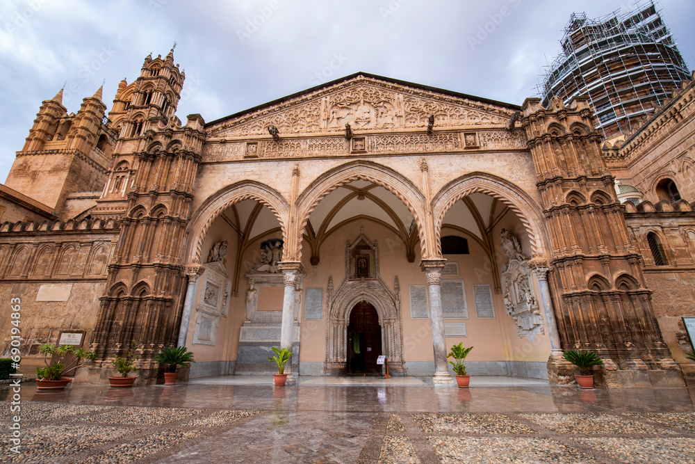 Spectacular entry of the famous Palermo Cathedral in Palermo, Italy