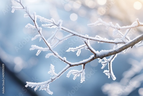 Large icy snow crystals adorning a tree branch in winter close up
