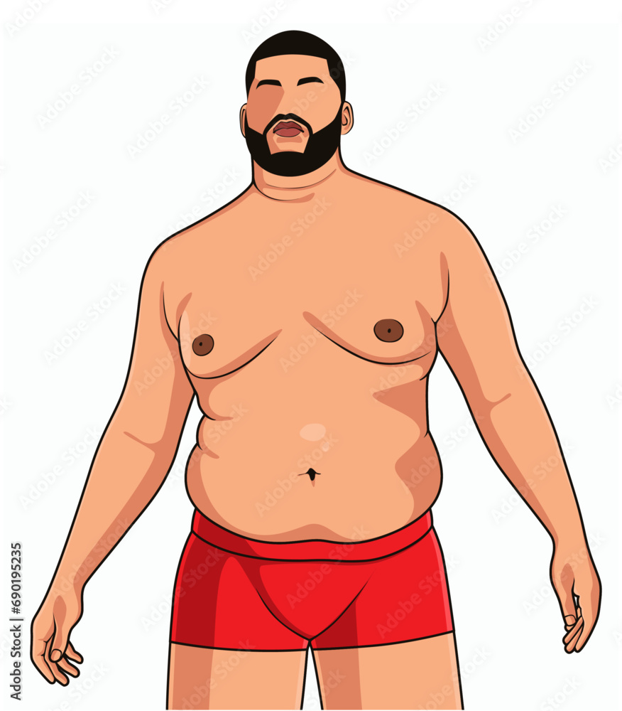 Fototapeta premium Fat man with a pot belly and body fat, wearing red sweatpants