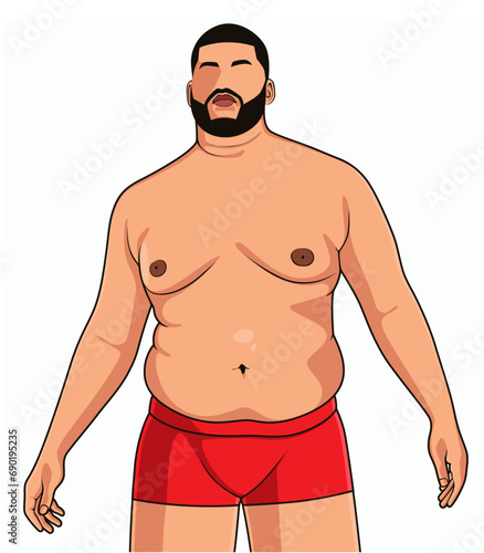 Fat man with a pot belly and body fat, wearing red sweatpants