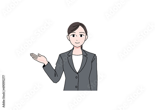 笑顔で案内するスーツの女性