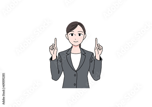 笑顔で指さしするスーツの女性