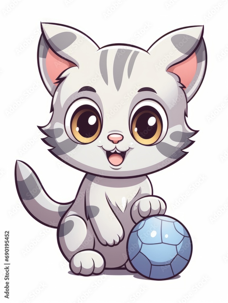 Cartoon sticker cute kitten football player with a soccer ball, AI Cartoon sticker cute kitten football player with a soccer ball, AI