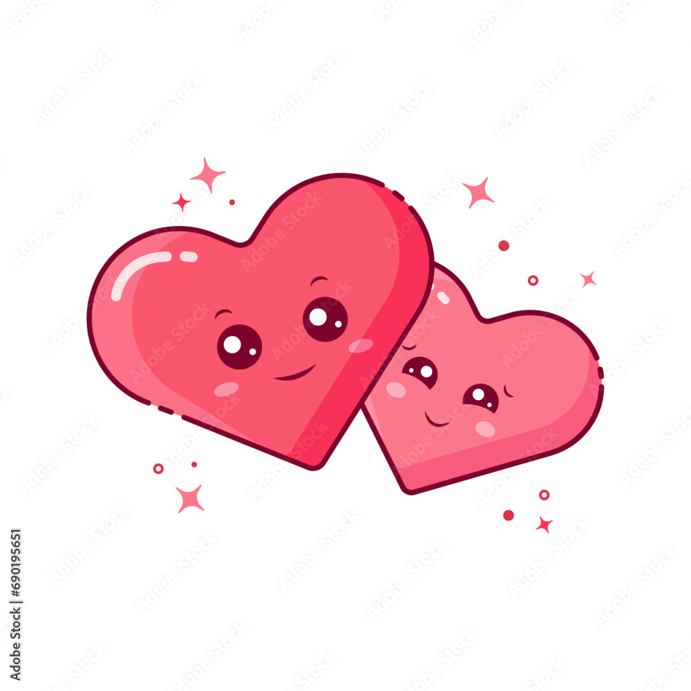 Two hearts in love. Kawaii hearts for Valentine's Day, a wedding celebration. Be my Valentine. Two hearts in love. Kawaii hearts for Valentine's Day, a wedding celebration. Be my Valentine.