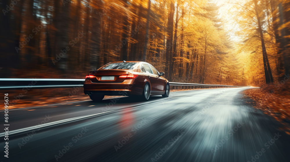 modern car riding in autumn forest by asphalt road, vehicle driving by road at fall modern car riding in autumn forest by asphalt road, vehicle driving by road at fall