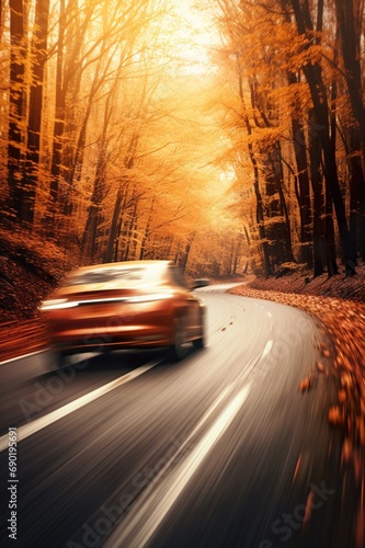 modern car riding in autumn forest by asphalt road, vehicle driving by road at fall