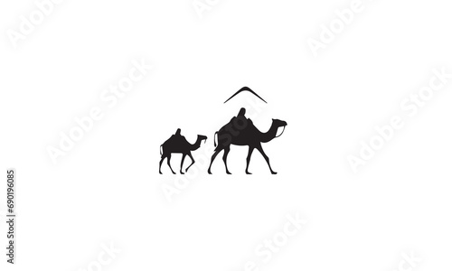 Arabian Logo caravan Camels in desert dunes. Camel black Logo design template white background 