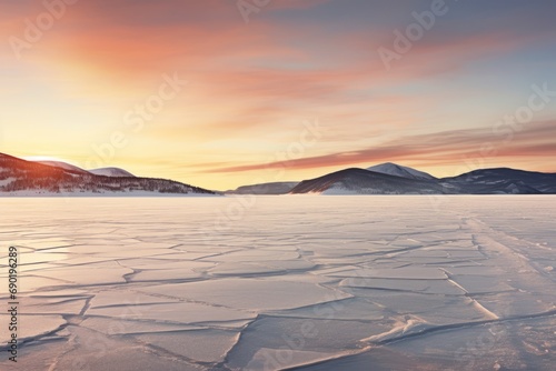The frozen expanse of a lake  its surface broken into captivating patterns of fractured ice  wallpaper background