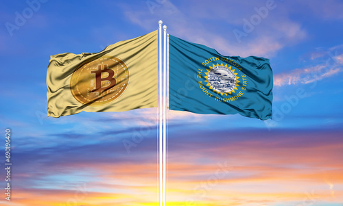 Bitcoin and South Dakota two flags on flagpoles and blue sky.