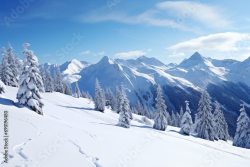 Snow-covered mountains for snowboarding, freshly coated with snow © Radmila Merkulova