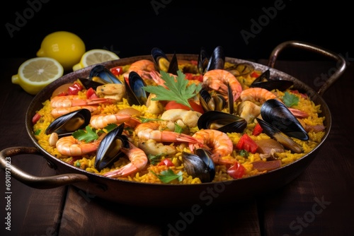 Photo of a delicious seafood paella with saffron rice. Generative AI