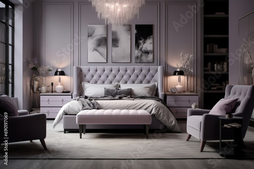 A bedroom featuring a calming palette of lavender and soft grays, with a tufted headboard, plush rug, and sheer curtains for a dreamy touch.