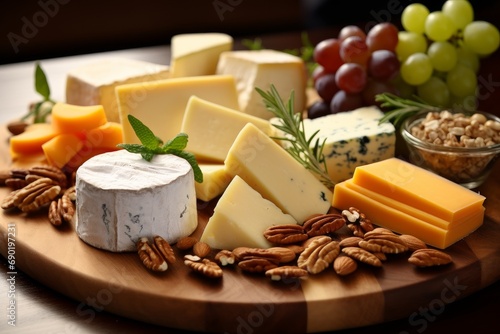 Photo of a gourmet cheese and charcuterie board with accompaniments. Generative AI photo