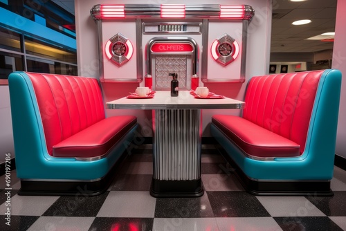 Photo of a jukebox diner booth with vinyl seating. Generative AI photo
