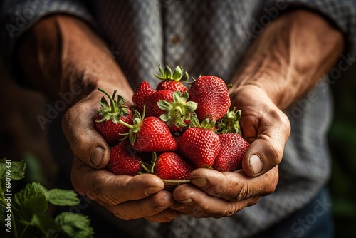 closeup of farmer's hands holding fresh ripe sweet strawberry photo